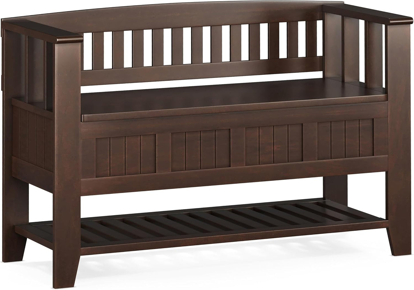 SIMPLIHOME Acadian Entryway Storage Bench - 48 inch Wide Solid Wood Hallway Seat with Shelf in Brunette Brown, Transitional Bench for Entryway or Living Room with Open Storage and Slatted Bottom