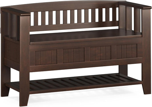 SIMPLIHOME Acadian Entryway Storage Bench - 48 inch Wide Solid Wood Hallway Seat with Shelf in Brunette Brown, Transitional Bench for Entryway or Living Room with Open Storage and Slatted Bottom
