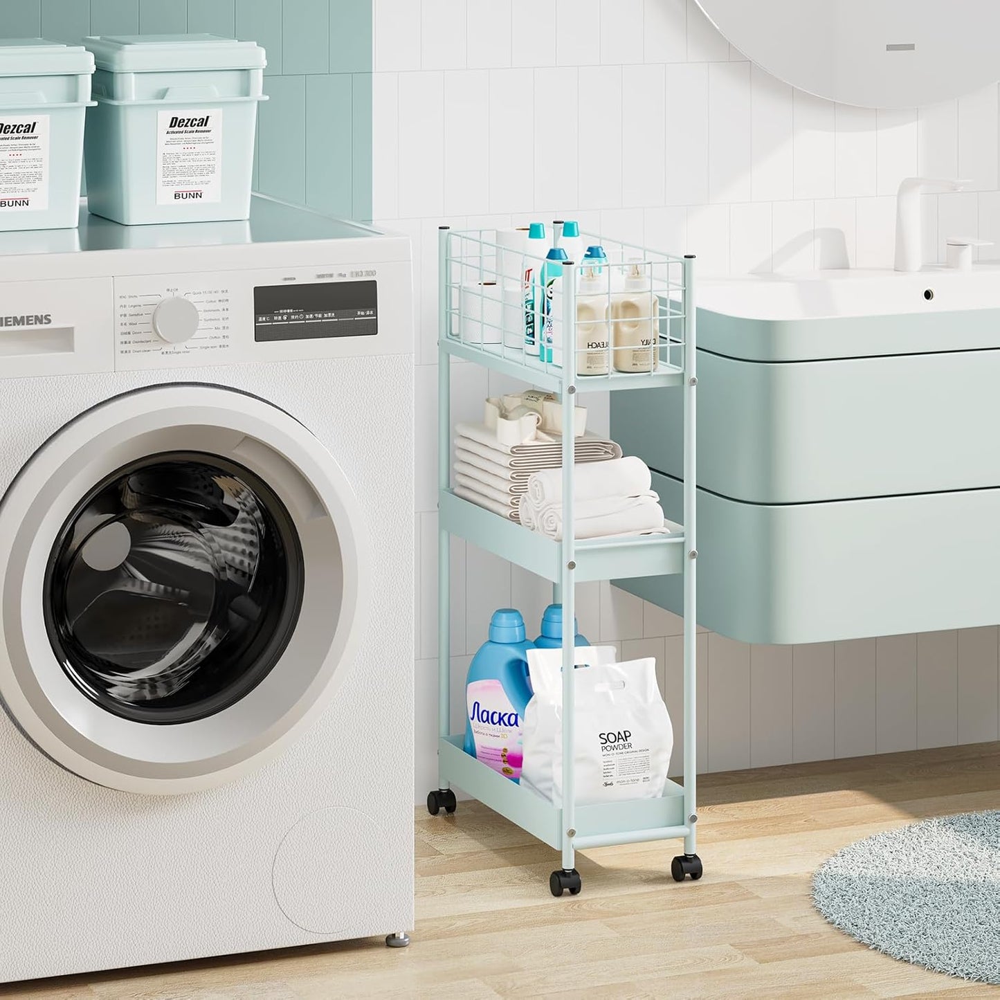 KINGRACK 3-Tier Rolling Utility Cart with Wheels, Metal Slim Storage Cart, Multifunctional Storage Organizer, Rolling Storage Cart for Kitchen, Office, Bathroom, Narrow Place, Mint Green