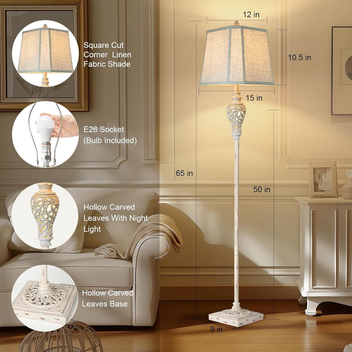 Rustic Floor Lamp 65'' Tall with Nightlight Cut Corner Linen Fabric Shade Vintage Standing Lamp for Living Room, Bedroom, Office, House (Bulb Included)