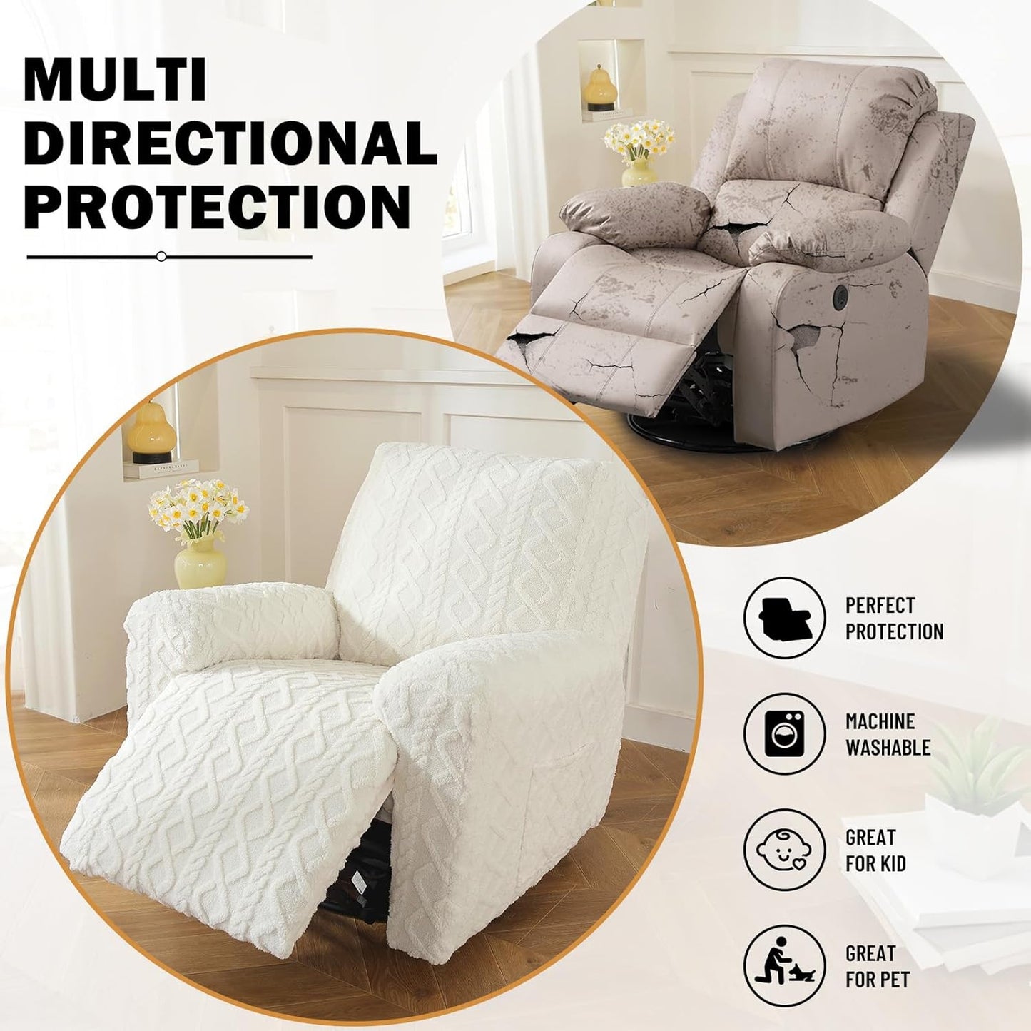 vctops 4 Pieces Geometric Jacquard Plush Recliner Slipcovers Soft Fuzzy Fluffy Sofa Couch Cover Anti-Slip Furniture Protector with Elastic Bottom for Kids Cats Dogs(Cream,1 Seat)