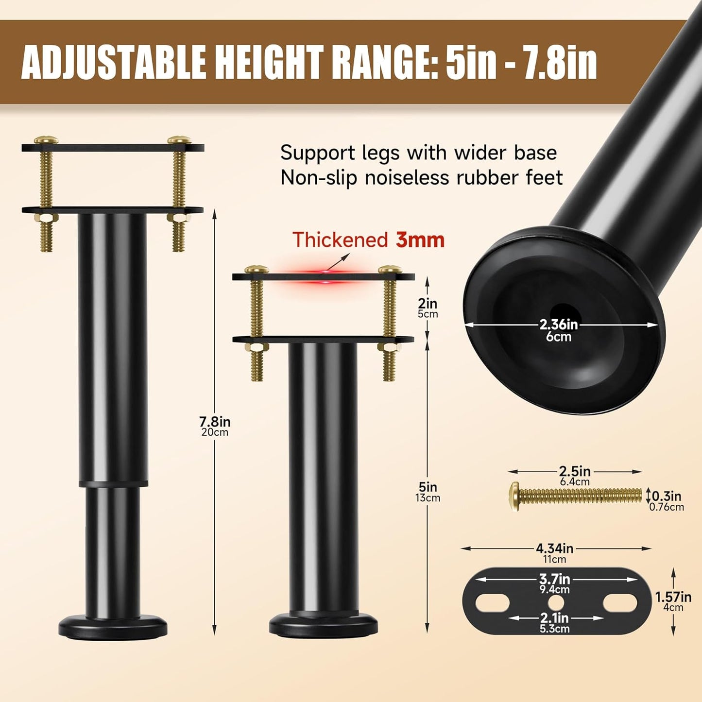 Adjustable Bed Frame Center Support Legs, Heavy Duty Cold Rolled Steel Bed Slat Support Legs with Wider Base, Bed Frame Leg Replacement, Furniture Support Reinforcement Kit (Height 5in to 7.8in) 2PCS