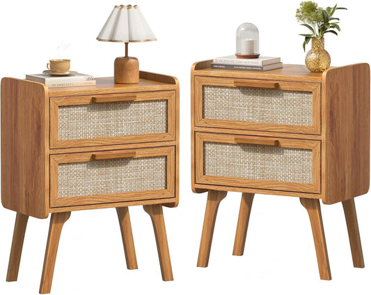 Lerliuo Rattan Nightstands Set of 2, Boho Night Stand with 2 Drawers, Cane Accent Side End Table, Bedside Table with Solid Wood Legs for Bedroom, Dorm and Small Spaces (Tea Brown)