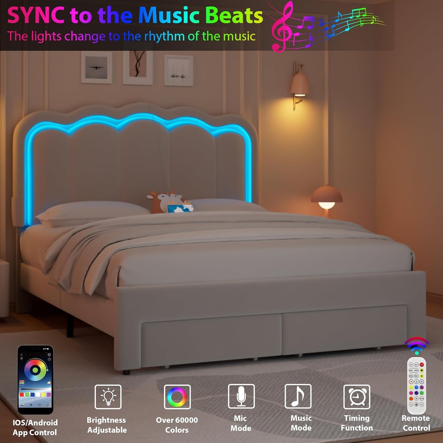 Full Upholstered LED Bed Frame with 2 Storage Drawers and Adjustable Chic Double Wavy Headboard, Velvet Prince Platform Bed with Charing Station, Solid Wood Slats Support,No Box Spring Needed,Grey