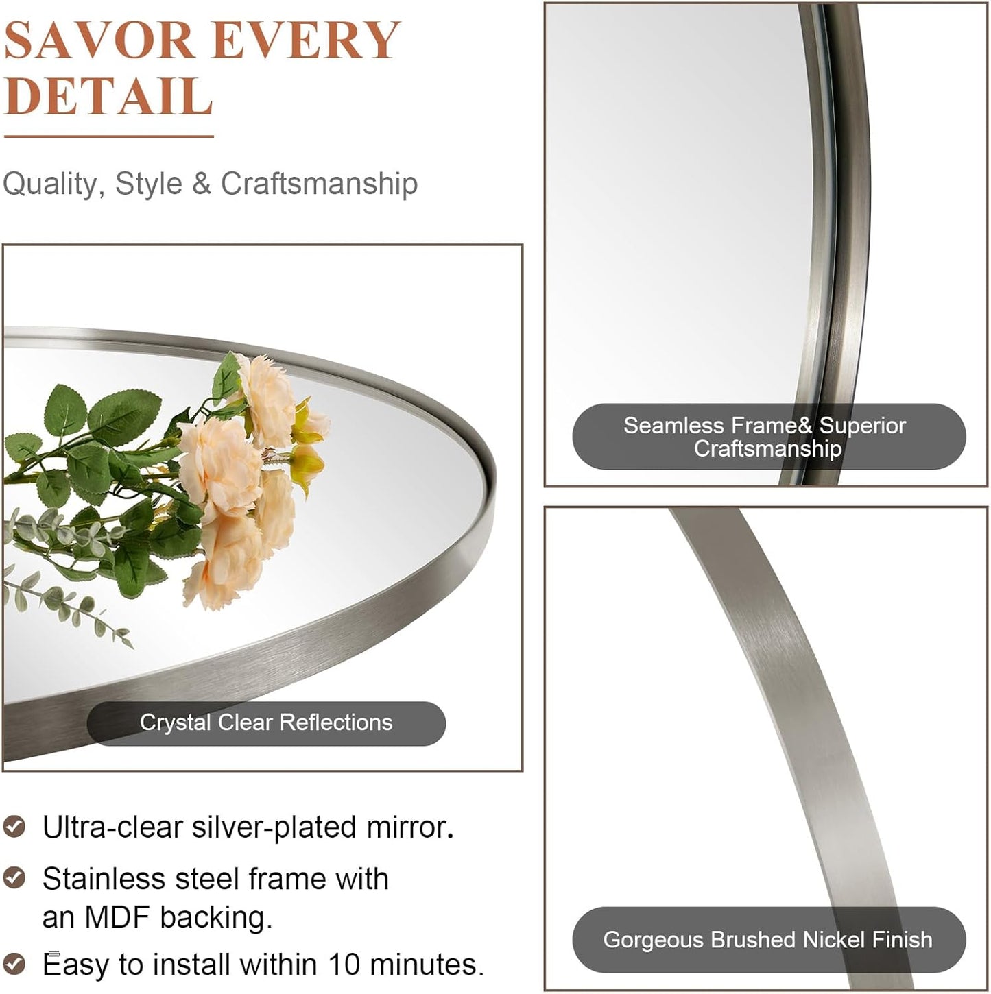 ANDY STAR Brushed Nickel Oval Wall Mirror, 20x28, Modern Bathroom Mirror, Sturdy Stainless Steel Frame, Clear Reflection, Anti-Corrosion Backboard