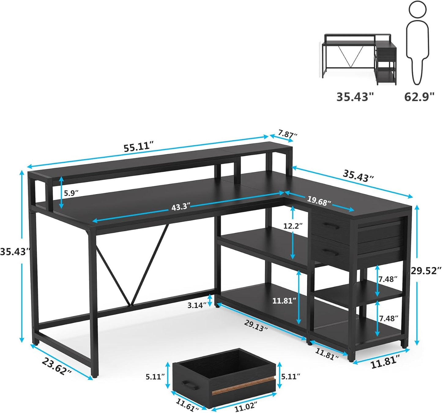 Tribesigns L Shaped Desk with Drawer and Monitor Stand, BlackCorner Desk Home Office Table with Storage Shelves, Black PC Desk for Small Space