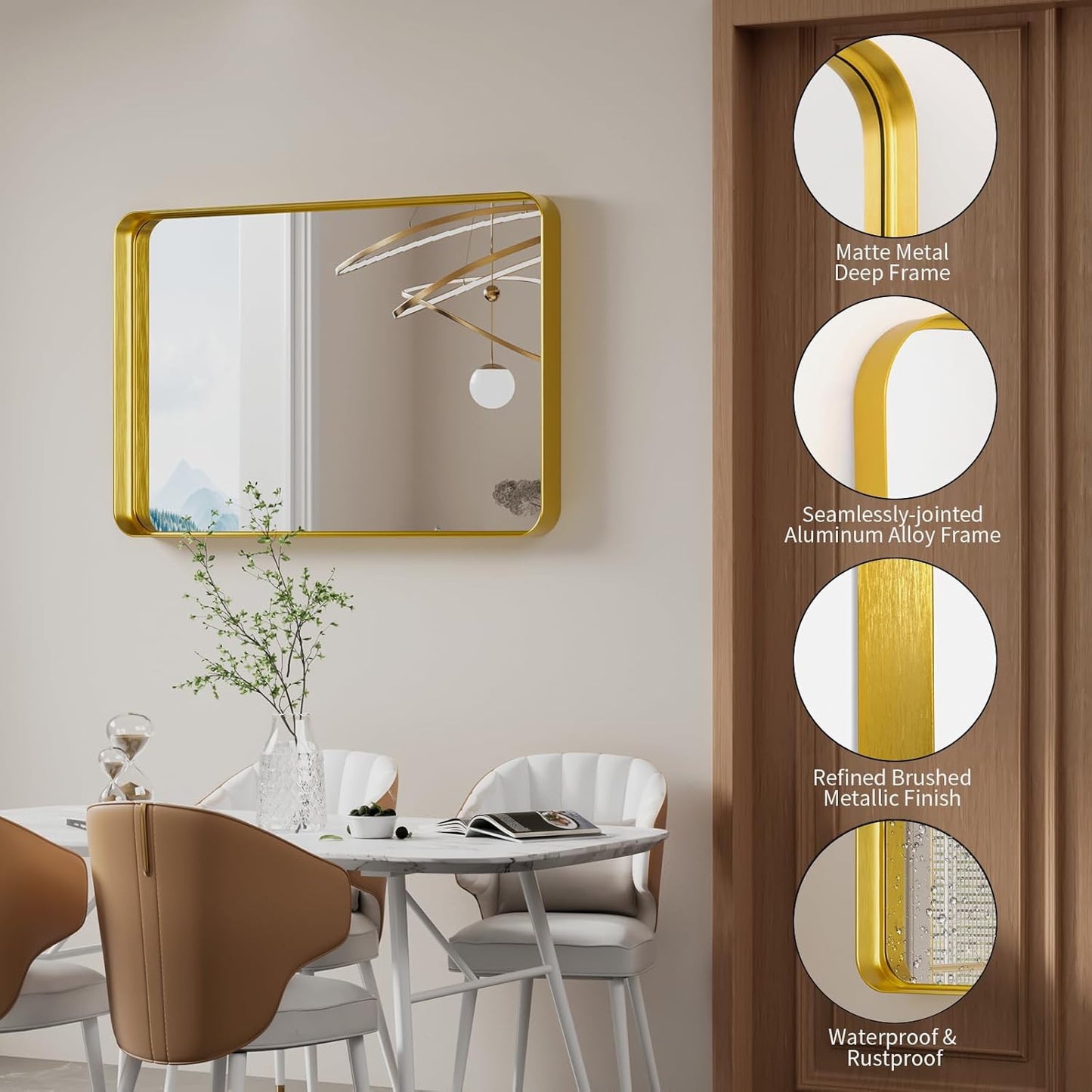 Koonmi Gold Wall Mirror for Bathroom, 24x36 Inch Matte Deep Framed Rounded Rectangle Vanity Mirror for Farmhouse Living Room, Tempered Glass, Anti-Rust, Vertically or Horizontally