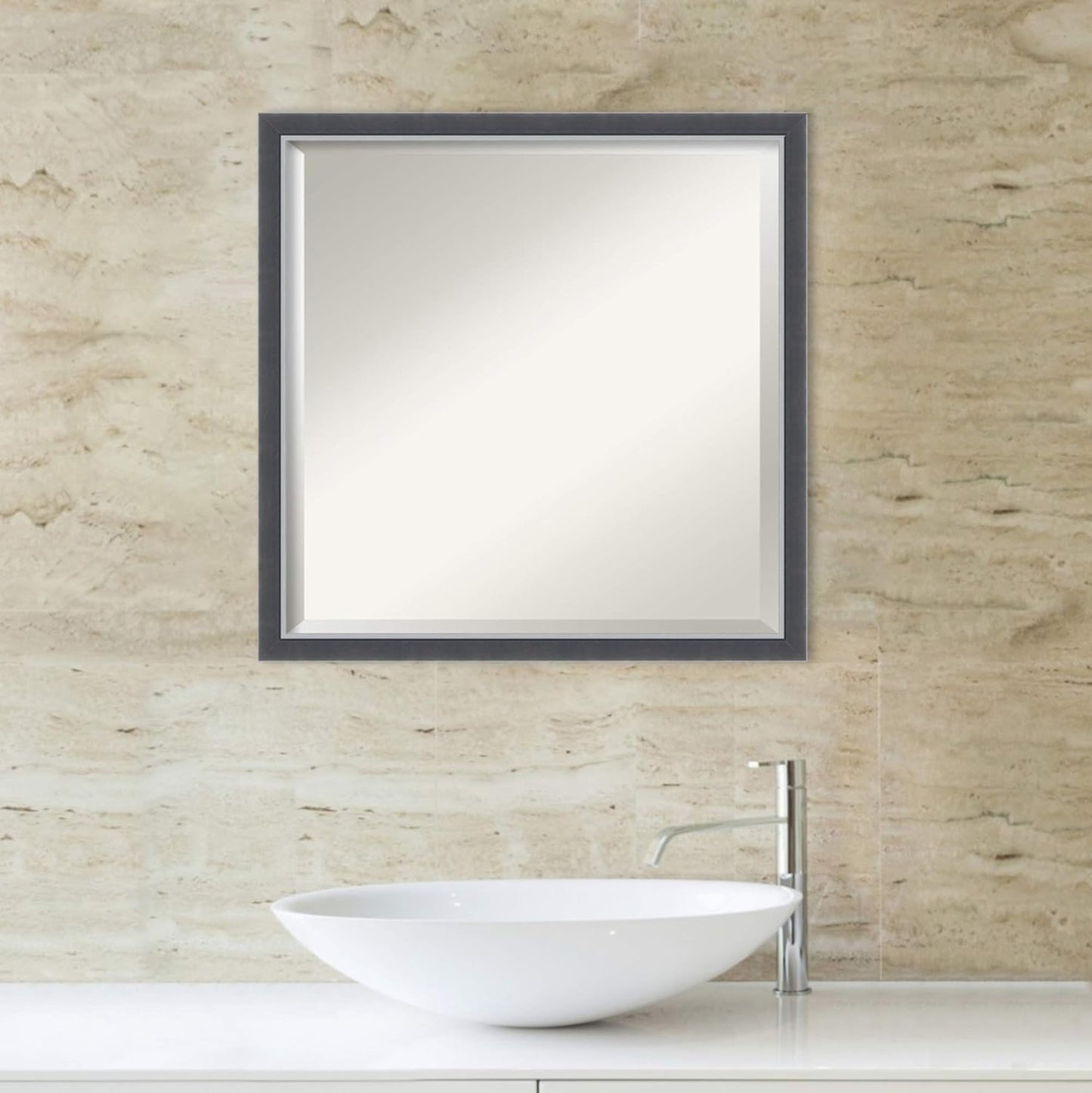 Amanti Art Black Bathroom Mirror for Over Sink, 22x22 Eva Black Silver Thin Square Vanity Mirror, Medium Modern Contemporary Frame, Hangs Horizonally and Vertically, Bathroom Wall Decor, Beveled Edge