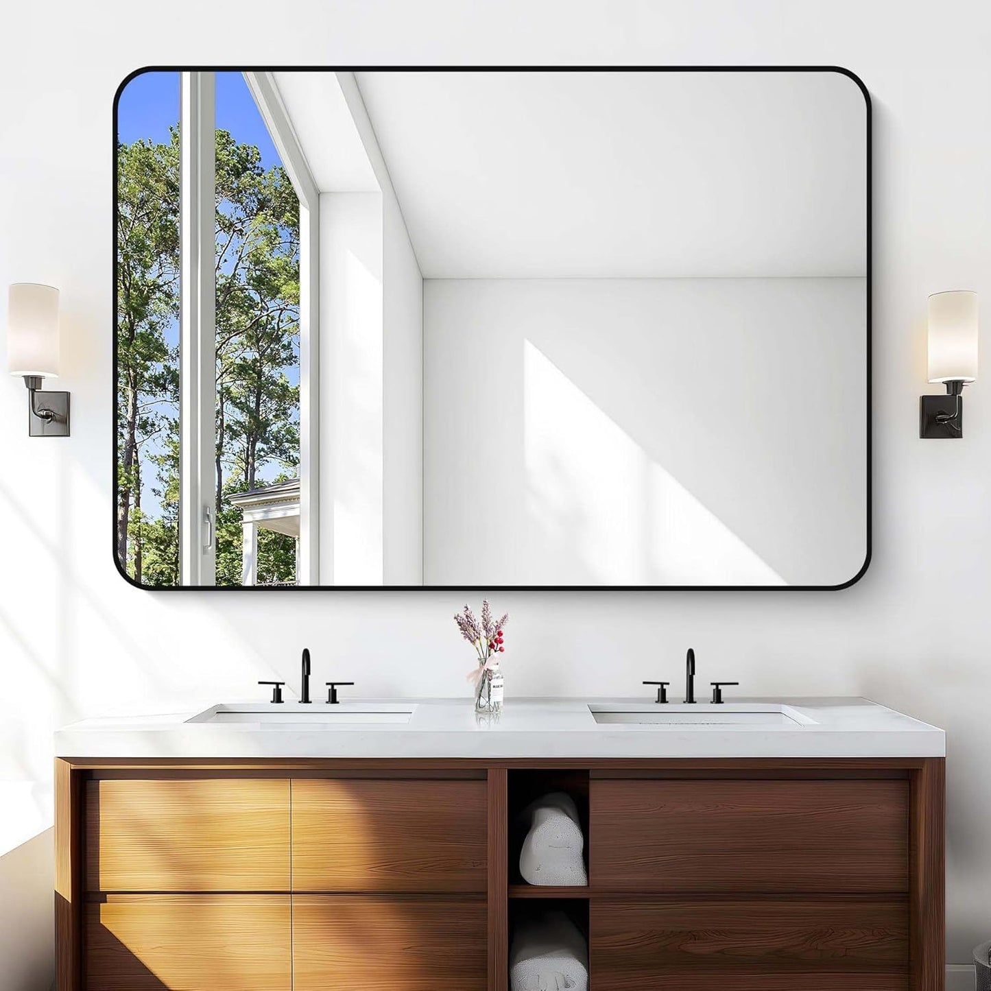 Large Bathroom Mirror, 60 x 40 inch Black Rectangle Mirror, Metal Framed Rectangular Vanity Mirror, Rounded Corner Wall Mounted Mirror for Over Sinks Bedroom Living Room Horizontal/Vertical