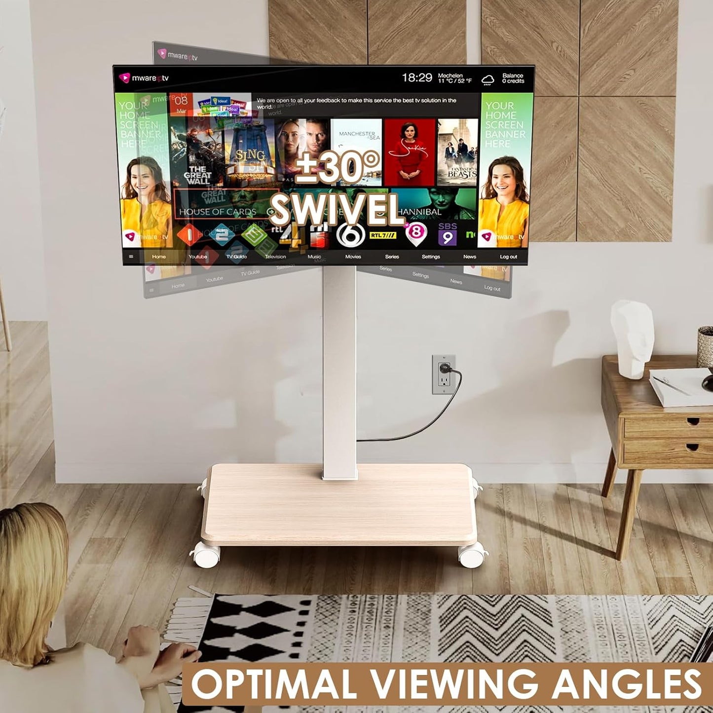 Rolling TV Stand with Power Outlet, Swivel Mobile Portable TV Cart for 32-75 Inch TVs up to 110 lbs, Landscape to Portrait, Height Adjustable Outdoor TV Stand with Wheels, Max VESA 600x400mm