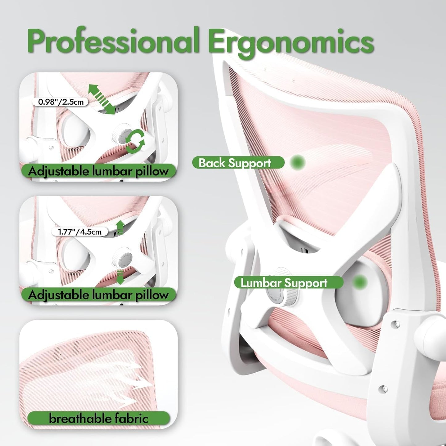 Ergonomic Office Chair: Mesh Desk Chair with Adjustable Lumbar Support 330lbs High Back Computer Gaming Chair - Work Chairs with Flip-Up Arms for Long Hours-Adults Home Office (Pink)