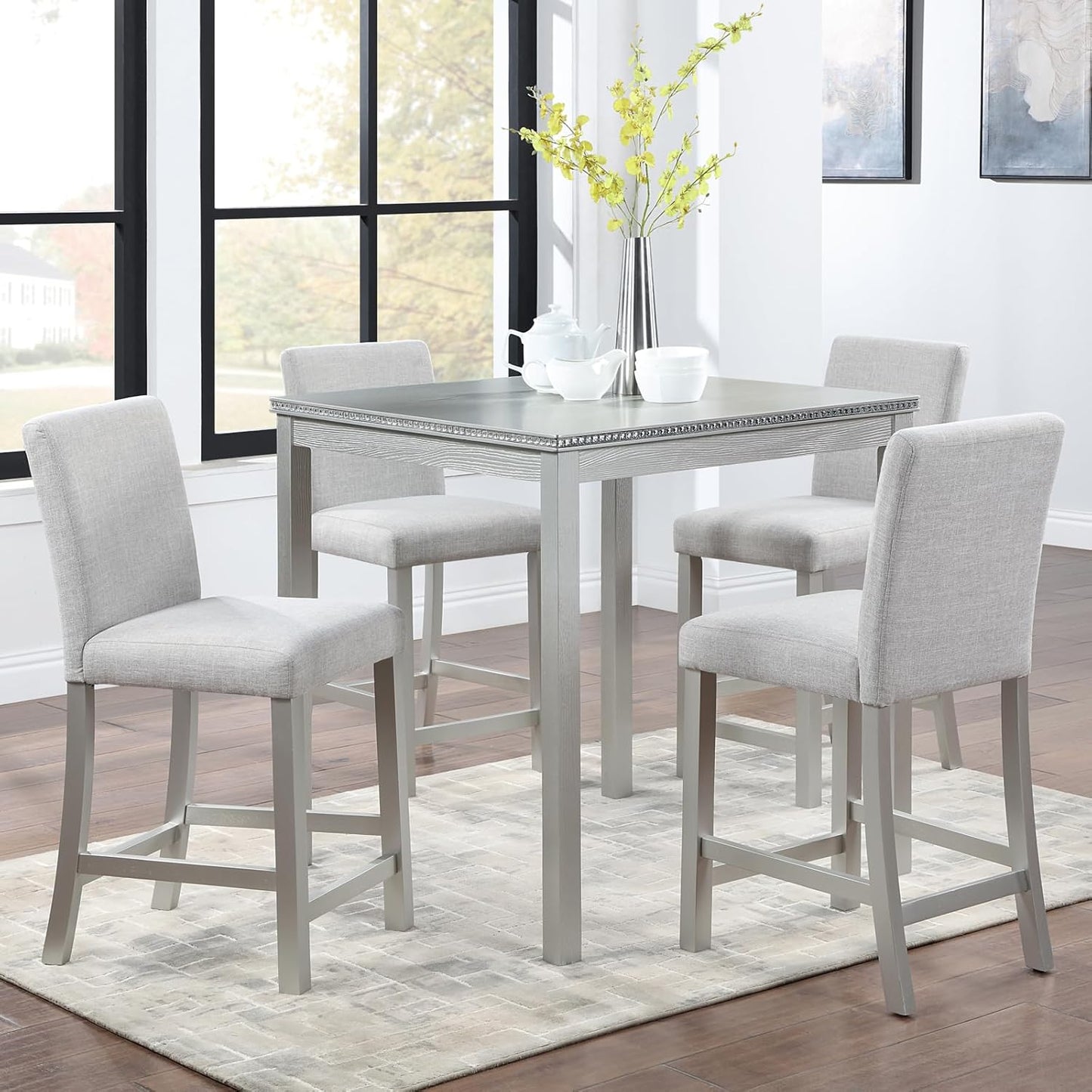 KEIKI 5-Piece Counter Height Dining Table Set with Square Table and 4 Upholstered Chair, for 4 Person, Modern Crystal Decoration Wooden Table Set, Easy Assembly, for Kitchen, Dining Room, Silver Grey