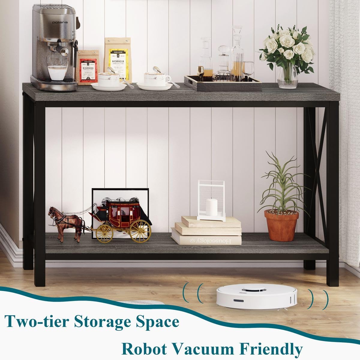 BON AUGURE Console Tables for Living Room, Industrial Couch Table Behind Sofa, Wood Metal Entryway Tables for Hallway, Entry Way Table for Foyer, Entrance, Front Door (Dark Grey Oak, 47 Inch)