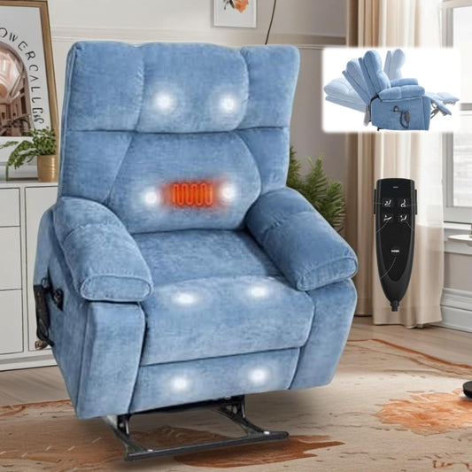 Dual Motor Power Lift Recliner Chair, 8 Positions Vibration Massage Recliner Chair, Chenille Fabric Recliner with Cup Holder, Vibration Massage and Lumbar Heating for Adults and Elderly, Blue