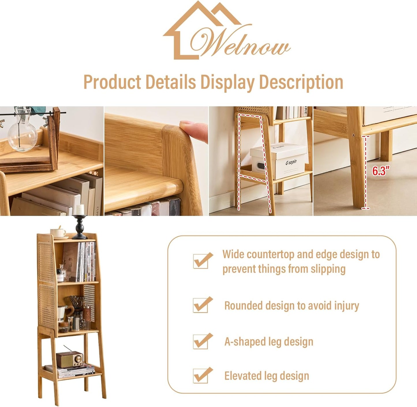 Welnow Bamboo Rattan Bookcase with Cabinet, 2-Tier Storage Shelf with Side Table & End Table Function, Large Modern Wood Organizer for Living Room or Bedroom, Natural Bookshelf