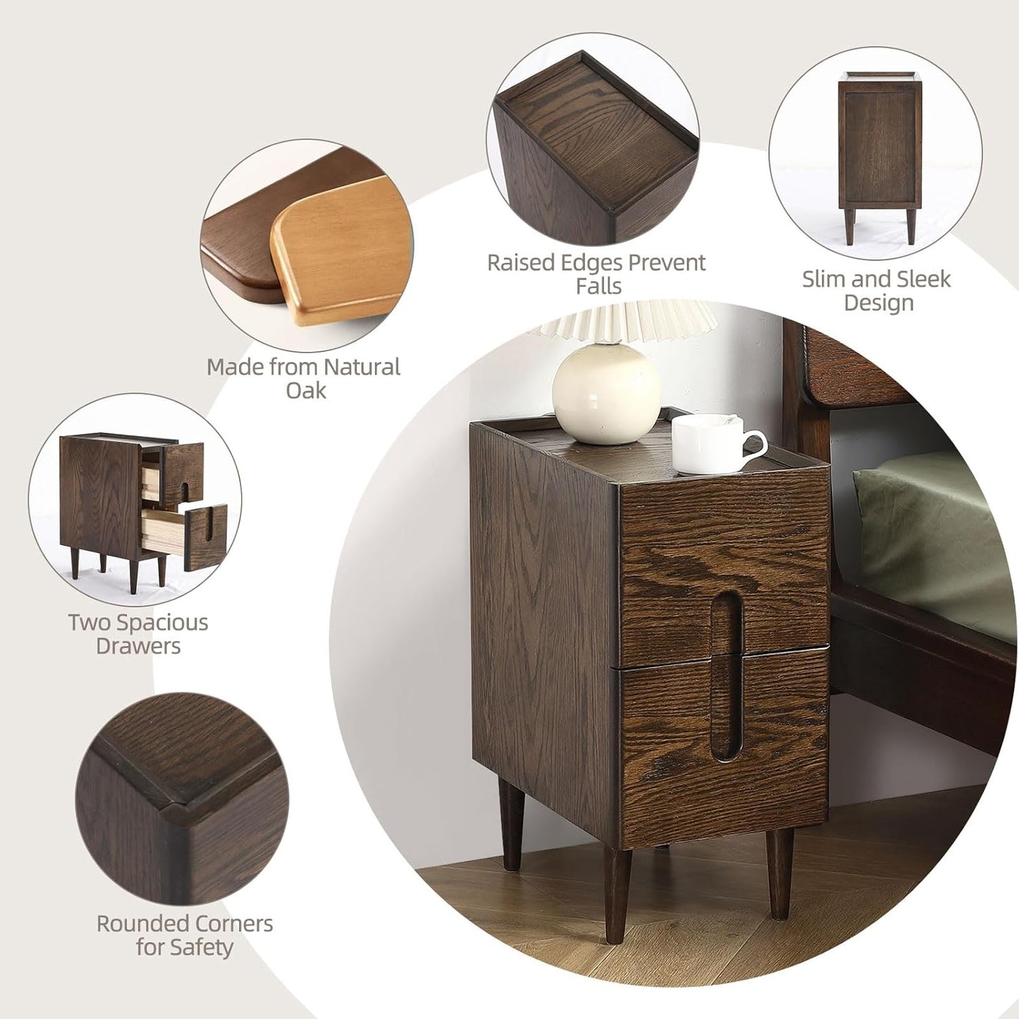 Solid Wood Bedside Table Nightstands, Slim Narrow Oak Real Wooden Mid-Century Modern End Table with Drawers Luxury Side Table Durable Cabinet Organizer Furniture, Walnut Color 9.84in Wide