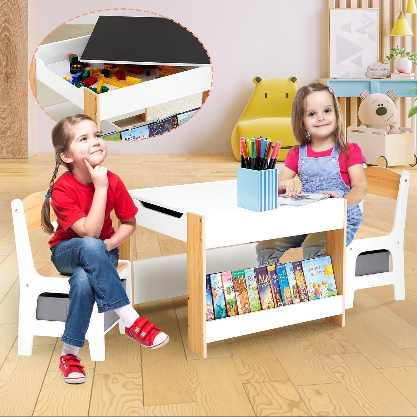 Asweets Kids Table and Chair Set,4 in 1 Toddler Desk with Storage Drawer,Wooden Activity Table for 2 in 1 Detachable Tabletop,Bookshelf,Suitable for Classroom,Home,Nursery,Playroom (Pure White)
