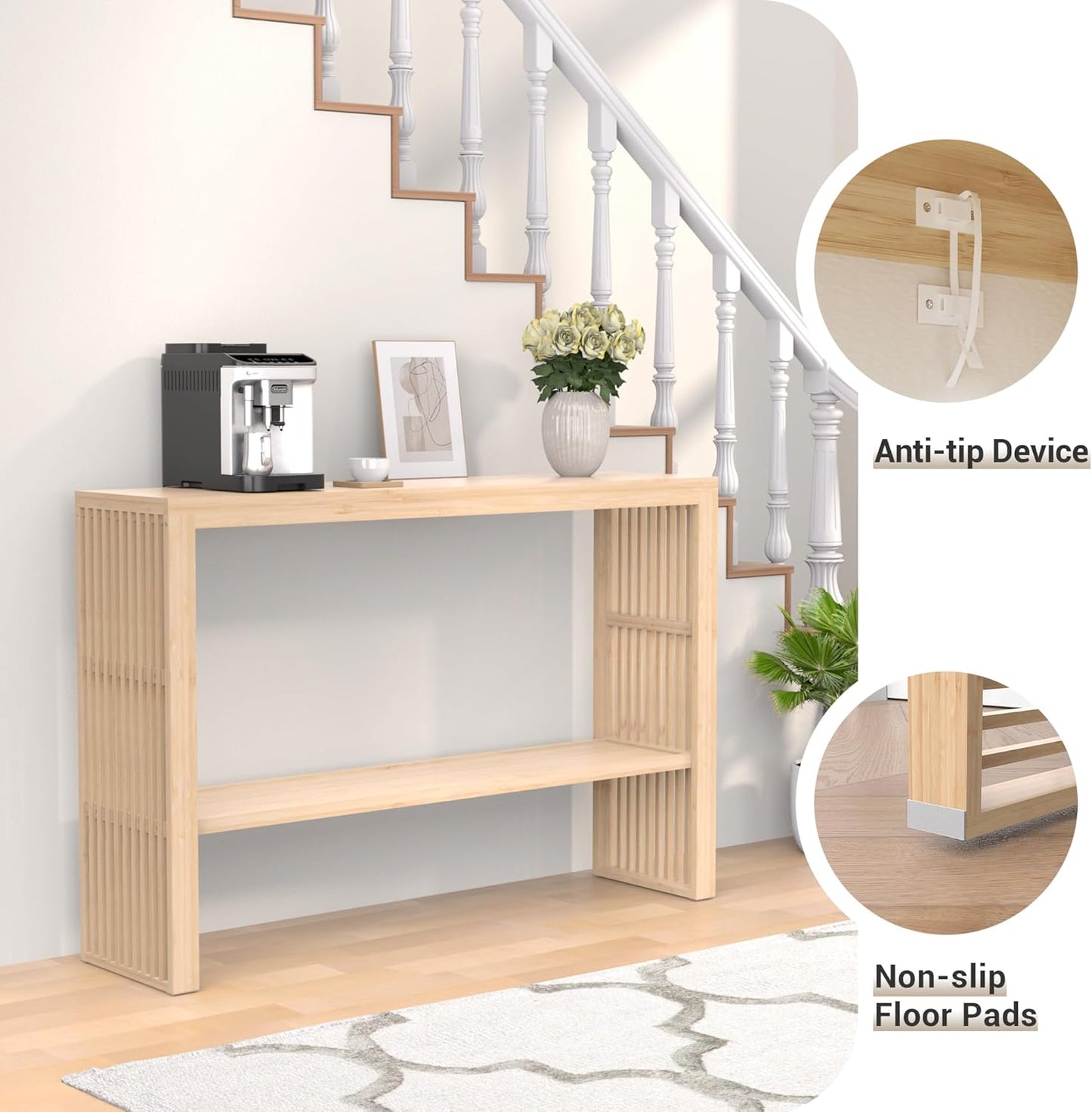 Bamboo Wood Entryway Table 47.2" Console Table, 2-Tier Farmhouse Narrow Sofa Table with Grille-Inspired Sides Easy Assembly for Entrance, Hallway, Living Room, Bedroom, Foyer(Natural)