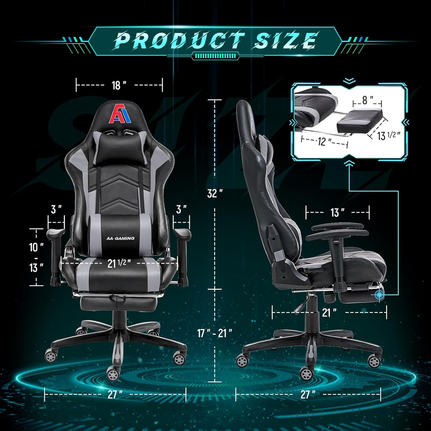 AA Products Gaming Chair Ergonomic High Back Computer Racing Chair Adjustable Office Chair with Footrest, Lumbar Support Swivel Chair - Upgraded Version BlackGrey