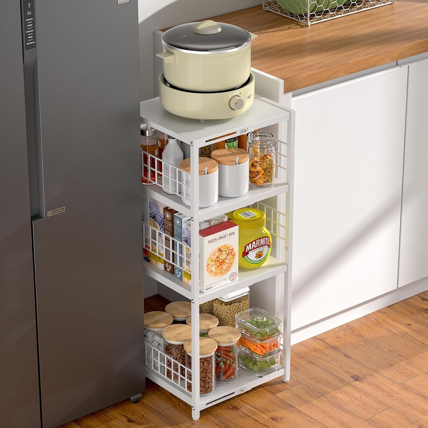 4 Tier Expandable Slim Storage Shelf, Metal Shelving Unit for Bathroom Storage Organizer, Freestanding Narrow Shelf for Small Spaces, Open Floor Shelves for Bathroom, Laundry Room, Kitchen,White