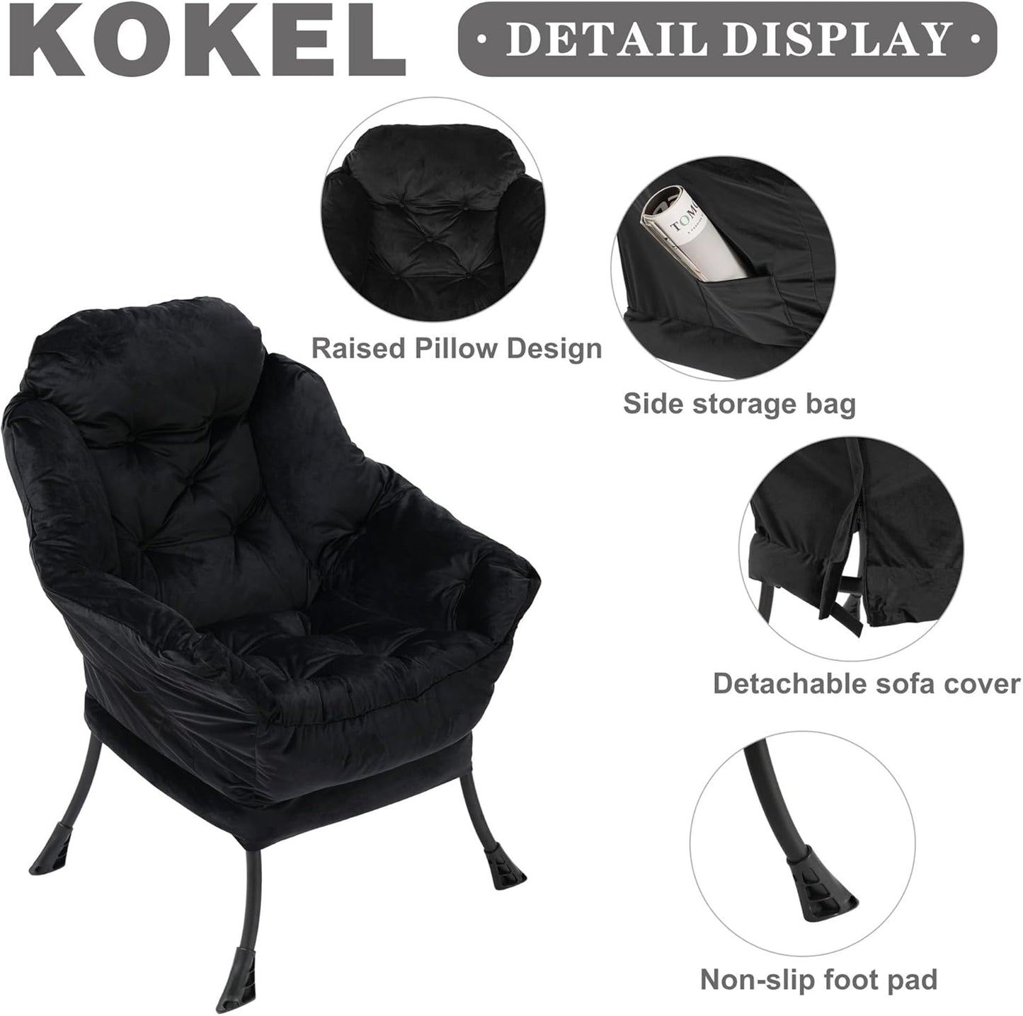 Lazy Chair with Folding Ottoman,Living Room Chairs, Accent Contemporary Lounge Chair, Single Steel Frame Leisure Sofa Chair with Armrests and A Side Pocket (Black)