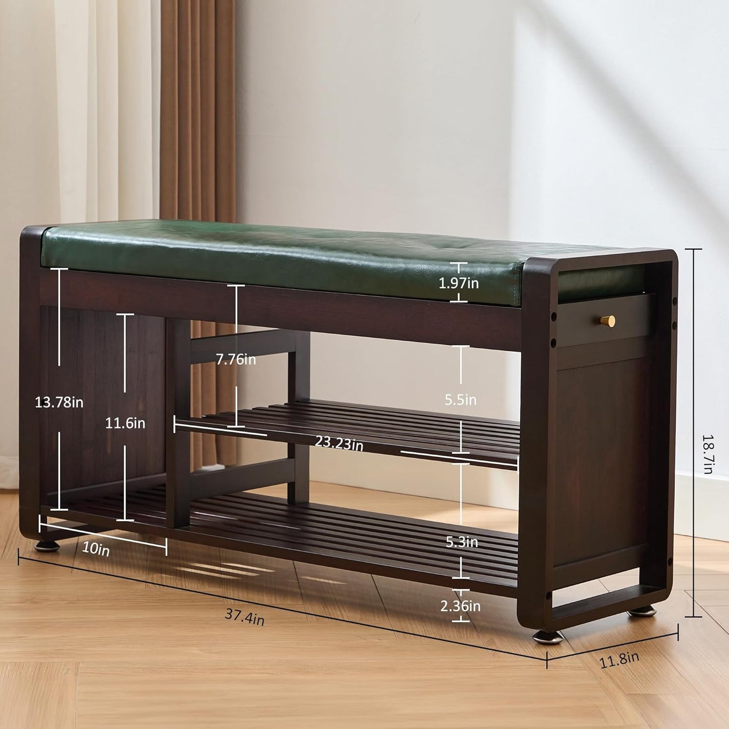 Nnewvante 37.4 inch Shoe Bench with Green Leather Cushion, 3-Tier Large Shoe Rack for Entryway Organizer, 100% Bamboo Ottoman Upholstered Bench for Hallway, Living Room, End of Bed Padded Bench