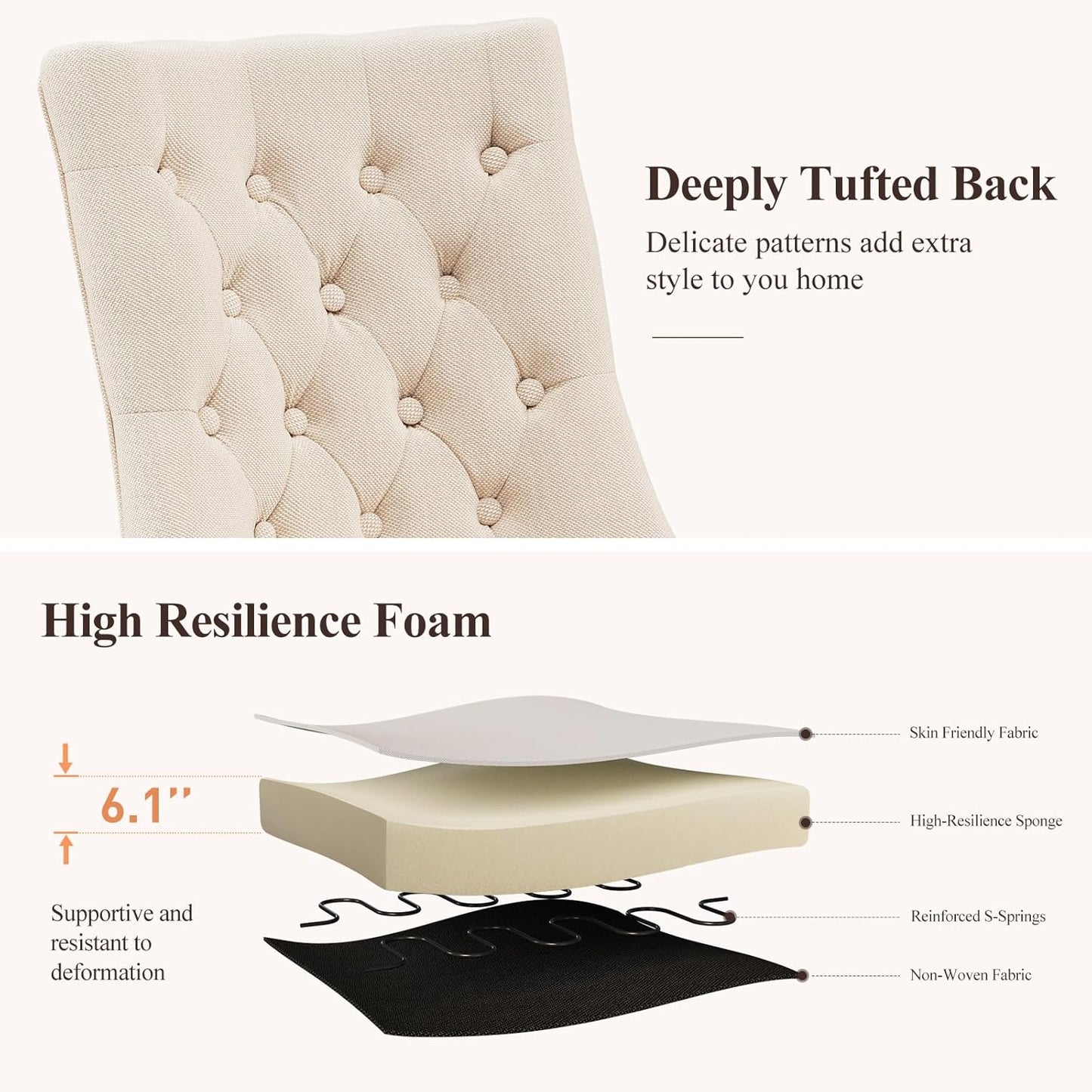 COLAMY Fabric Side Dining Chairs Set of 6, Wingback Upholstered Dining Room Chairs with Tufted Button, Living Room Chairs for Home Kitchen, Beige