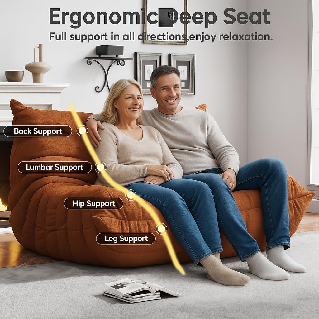 Bean Bag Chairs for Adults, Memory Foam Couch Loveseat Sofa Chair, Soft Teddy Material Cozy Comfy Reading Nook Chairs, Floor Chair for Living Room Bedroom Office(Orange)