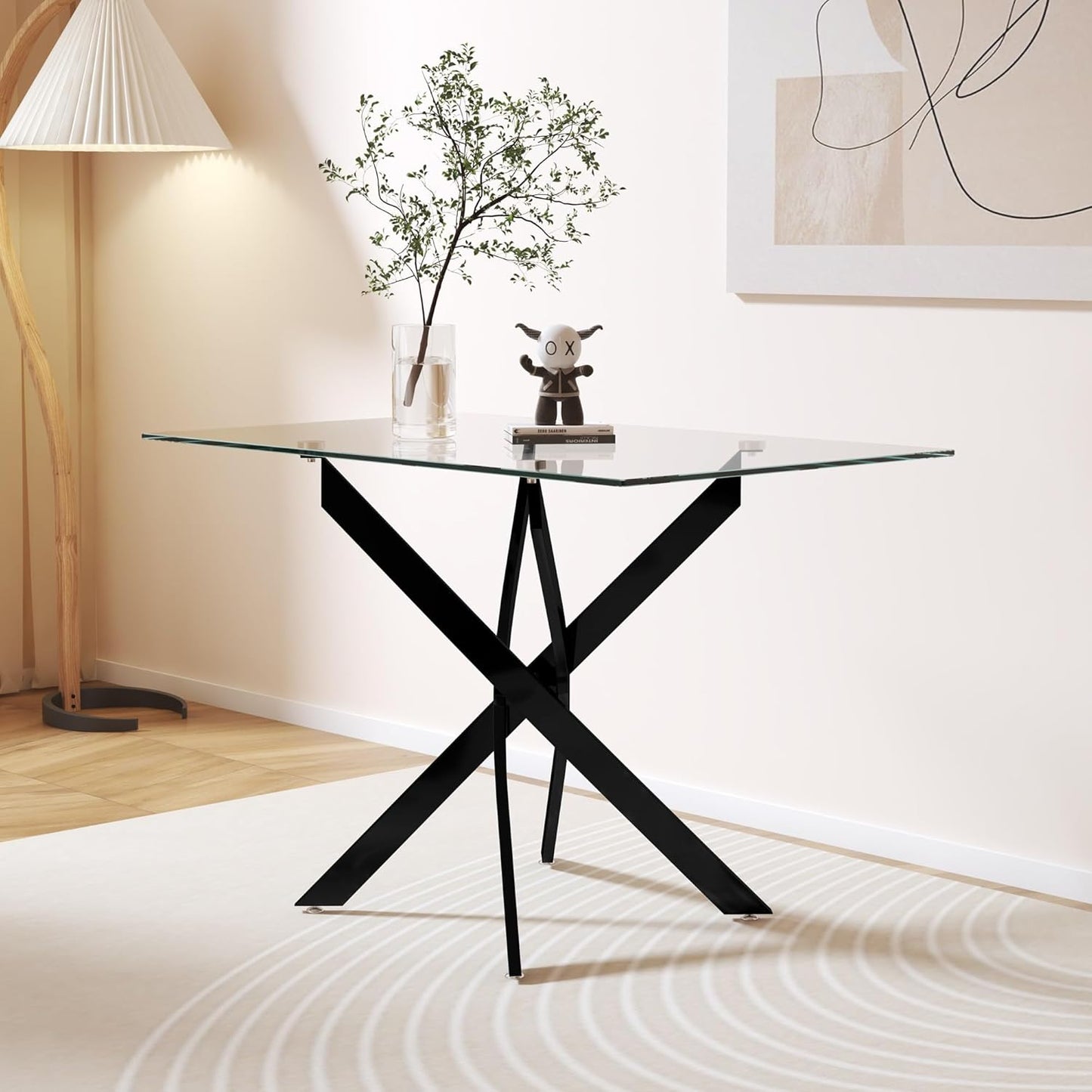 Tempered Glass Dining Table 48 Inch Mordern Rectangular Kitchen Table with Black Metal Legs for Dining Room Kitchen