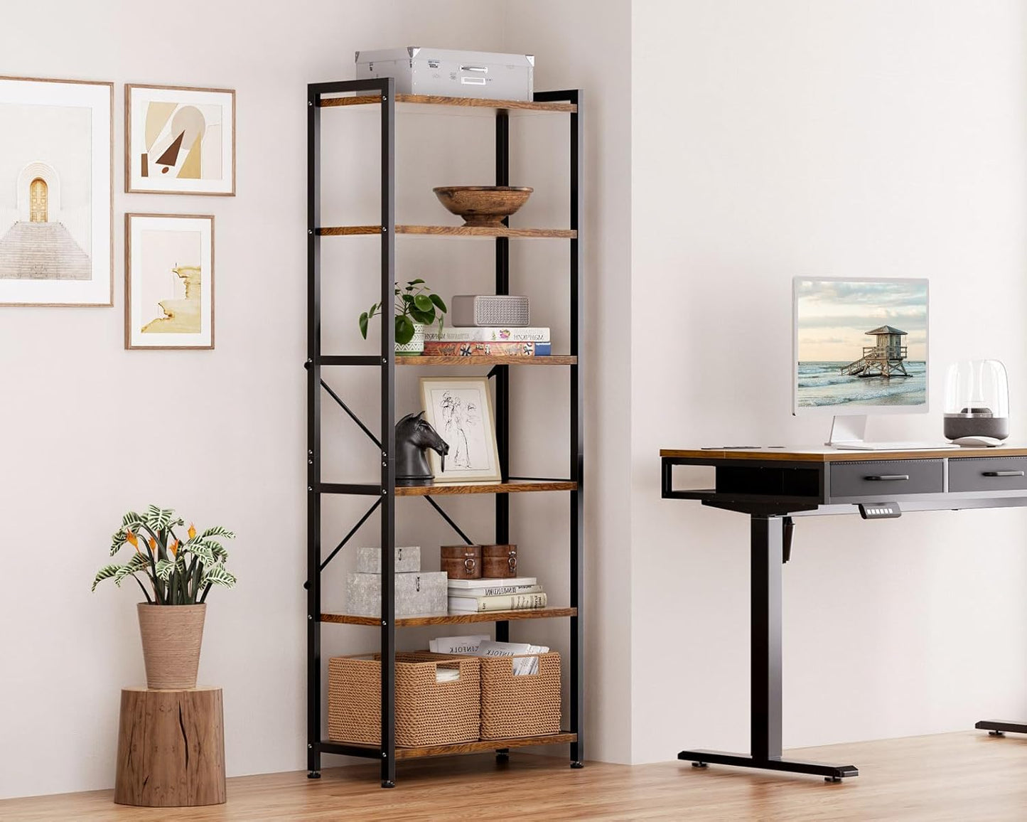 Casaottima Book Shelf, 6 Tier Tall Bookshelf, Modern Wood Bookcase Shelves for Bedroom, Industrial Display Shelf for Living Room Home Office Kitchen, Standing Shelving Unit Storage Organizer, Vintage