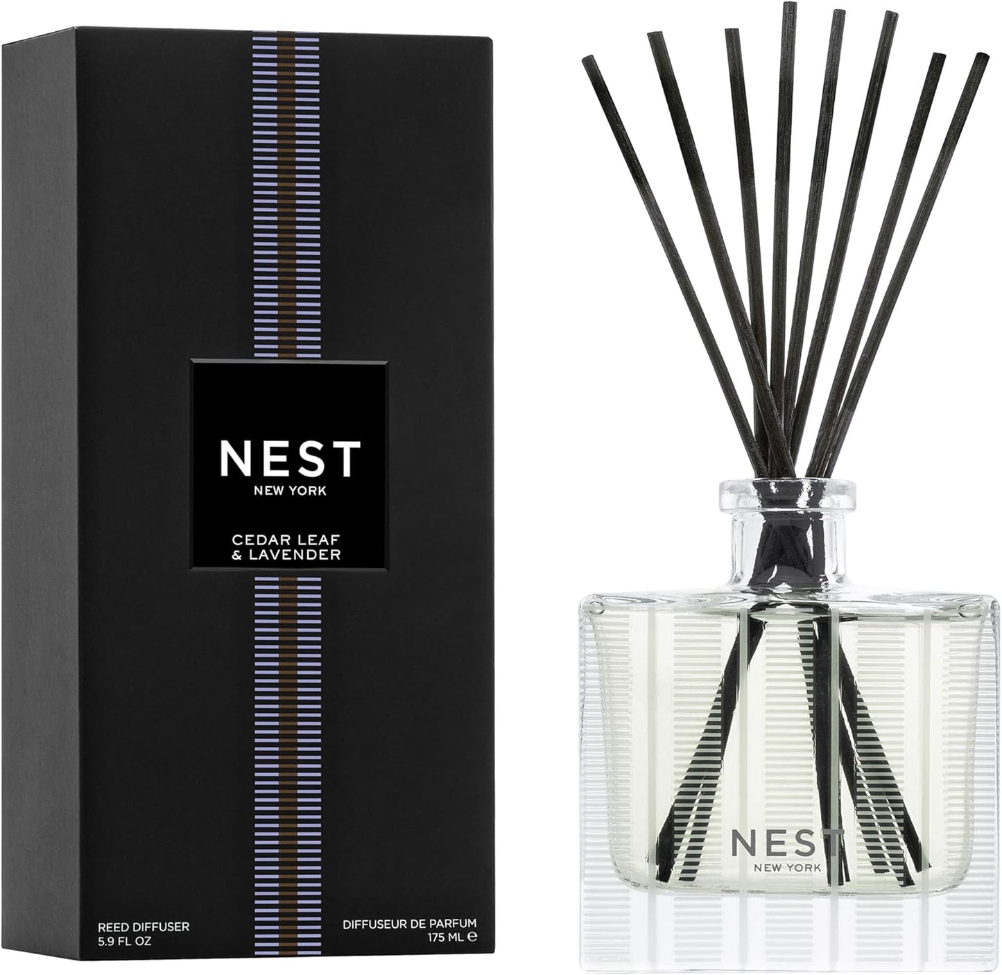 NEST New York Reed Diffuser, Cedar Leaf & Lavender - 5.9 fl oz - Fragrance for Up to 90 Days - Reusable, Refillable Glass Holder - Includes 8 All-Natural Reed Sticks - Flame Free