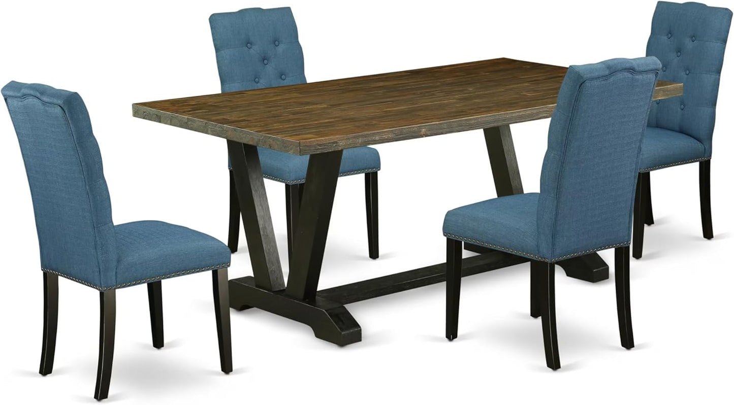East West Furniture V677EL121-5 5 Piece Modern Dining Table Set Includes a Rectangle Wooden Table with V-Legs and 4 Blue Linen Fabric Parsons Dining Chairs, 40x72 Inch, Multi-Color