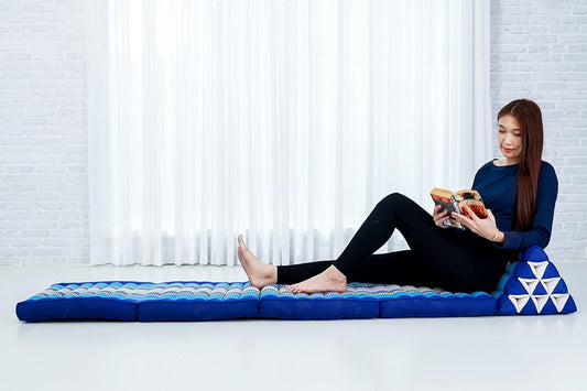 Leewadee Comfortable Japanese Floor Mattress - Thai Floor Bed with Triangle Cushion - Futon Mattress - XL Extra Long Thai Massage Mat, 89 x 20 inches, Blue, Kapok Filling
