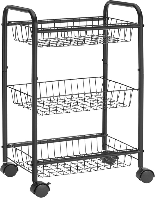 SONGMICS 3-Tier Metal Rolling Cart on Wheels with Baskets, Lockable Utility Trolley with Handles for Kitchen Bathroom Closet, Storage with Removable Shelves, Black UBSC03BK