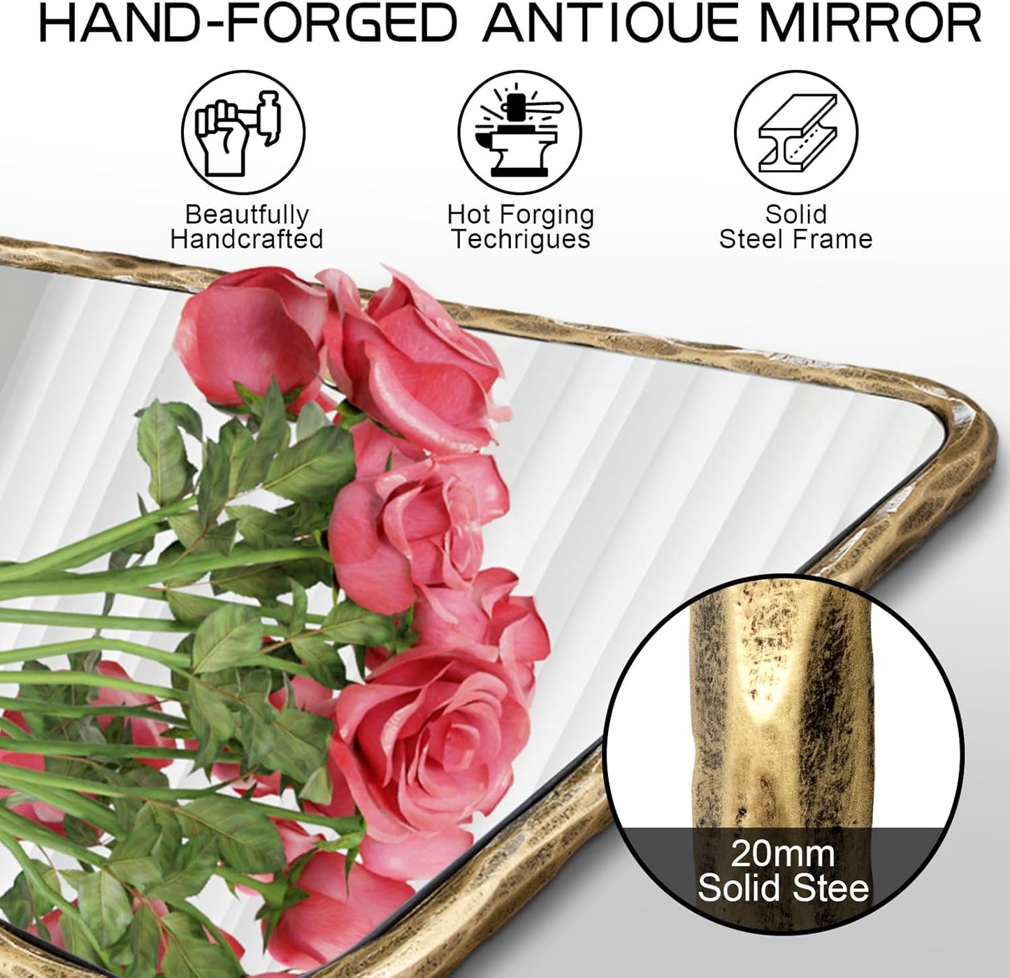 BEGINS Hand-Forged Steel Wall Mirror, 30x22 Inch Vintage Solid Steel Frame, Antique Rounded Rectangle Bathroom Mirror with Hidden Mounting Hooks, Horizontal or Vertical Hanging