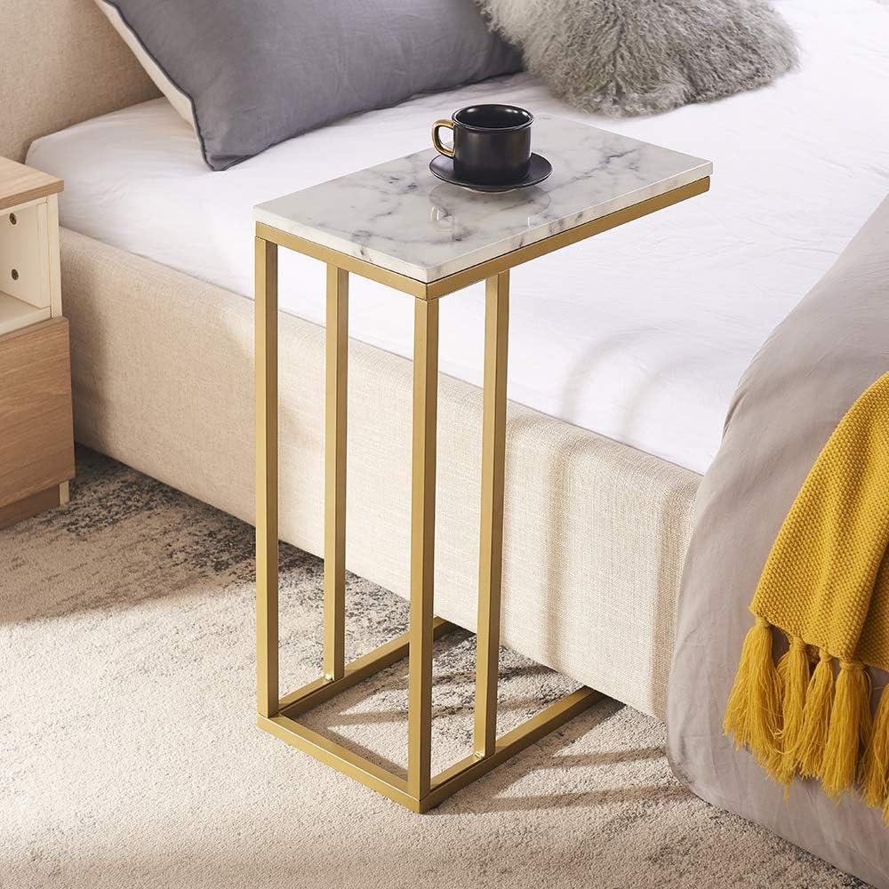 C-Shape Side End Table, Faux Marble Tray Snack Table with Metal Frame, Laptop Coffee Holder, Modern Furniture (Gold,1pcs)
