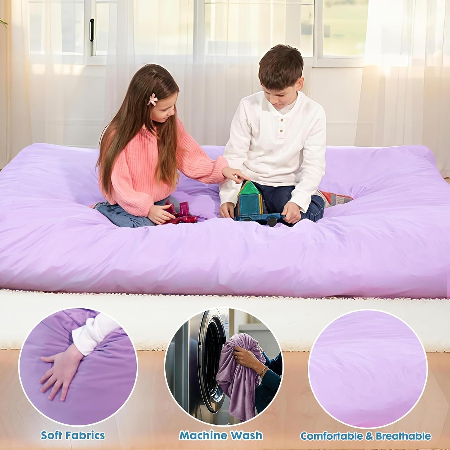 Bmag Giant Bean Bag Chair for Adults, 6FT Bean Bag Chair Convertible Bean Bag Pad, Large Chairs with Memory Foam Filler, Removable Washable Cover for Living Room Bedroom Office - Purple