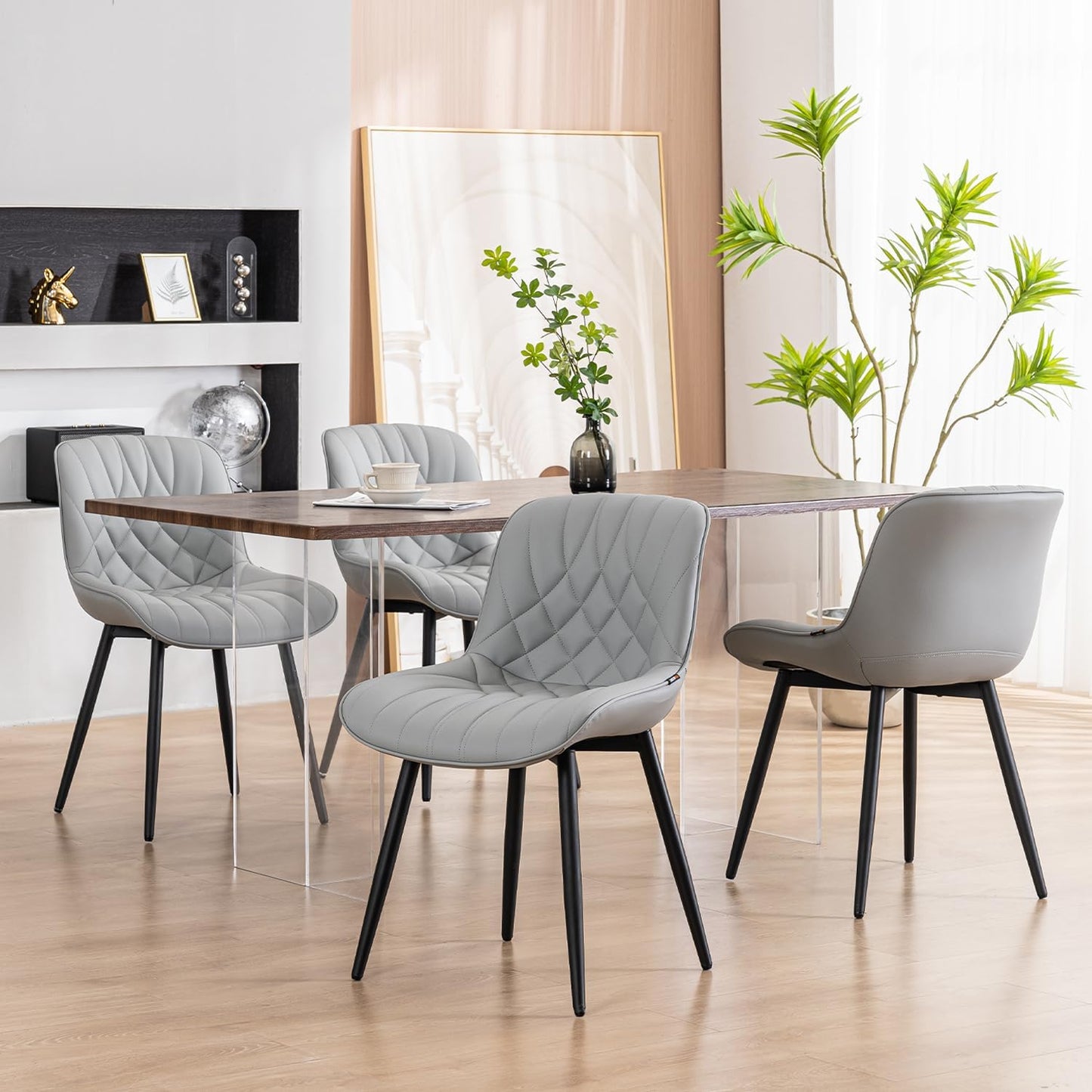 YOUNUOKE Dining Chairs Set of 2 Mid Century Modern Kitchen Chair Comfortable Upholstered Faux Leather Dinner Chairs for Kitchen Dining Room, Grey