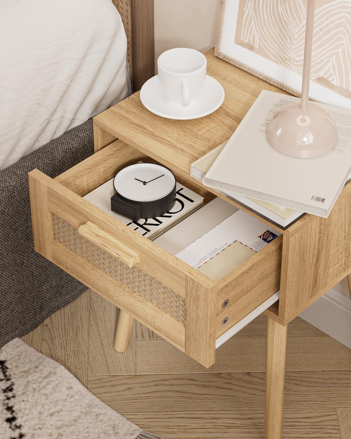 Rattan Nightstand, Small Night Stand, Side Table with Drawer Open Shelf, Cane Accent Bedside End Table with Wood Legs, Bohemian Wood Nightstand for Bedroom, Oak (Bohemian)