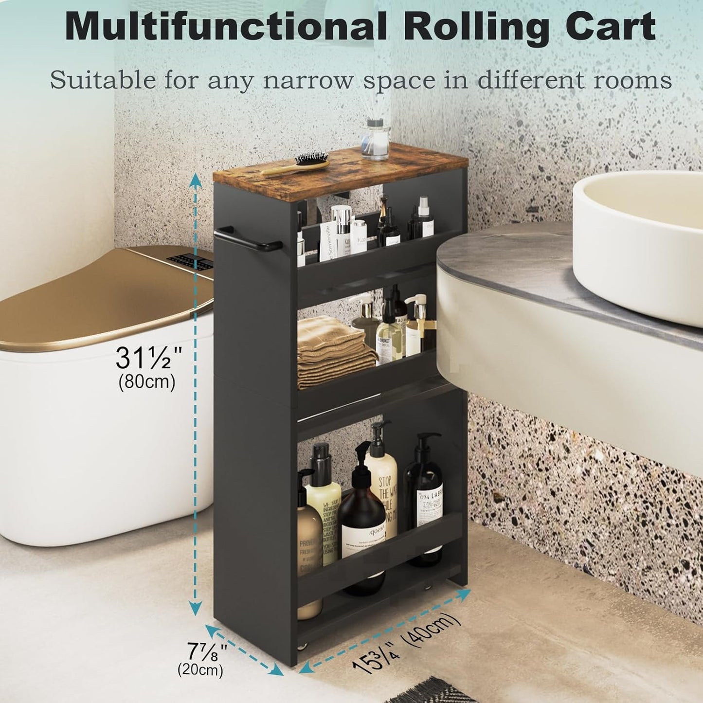 MARTY Rolling Storage Cart 7.9" W, 4-Tier Kitchen Cart with Wheels Handle, Slim Storage Cart Mobile Shelving Utility Carts for Bathroom Laundry Room Organization Narrow Places (Black)
