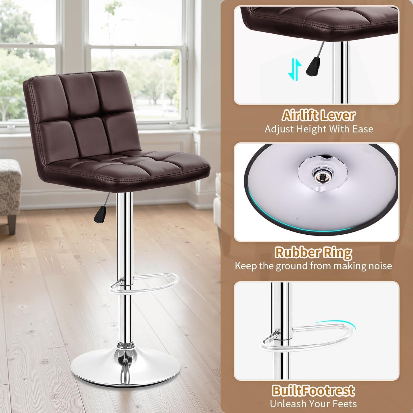 BestOffice Bar Stools Set of 2, Adjustable PU Leather Swivel Barstools, Modern Counter Stools with Back and Footrest, Counter Height Barstools for Bar, Kitchen and Dining Room