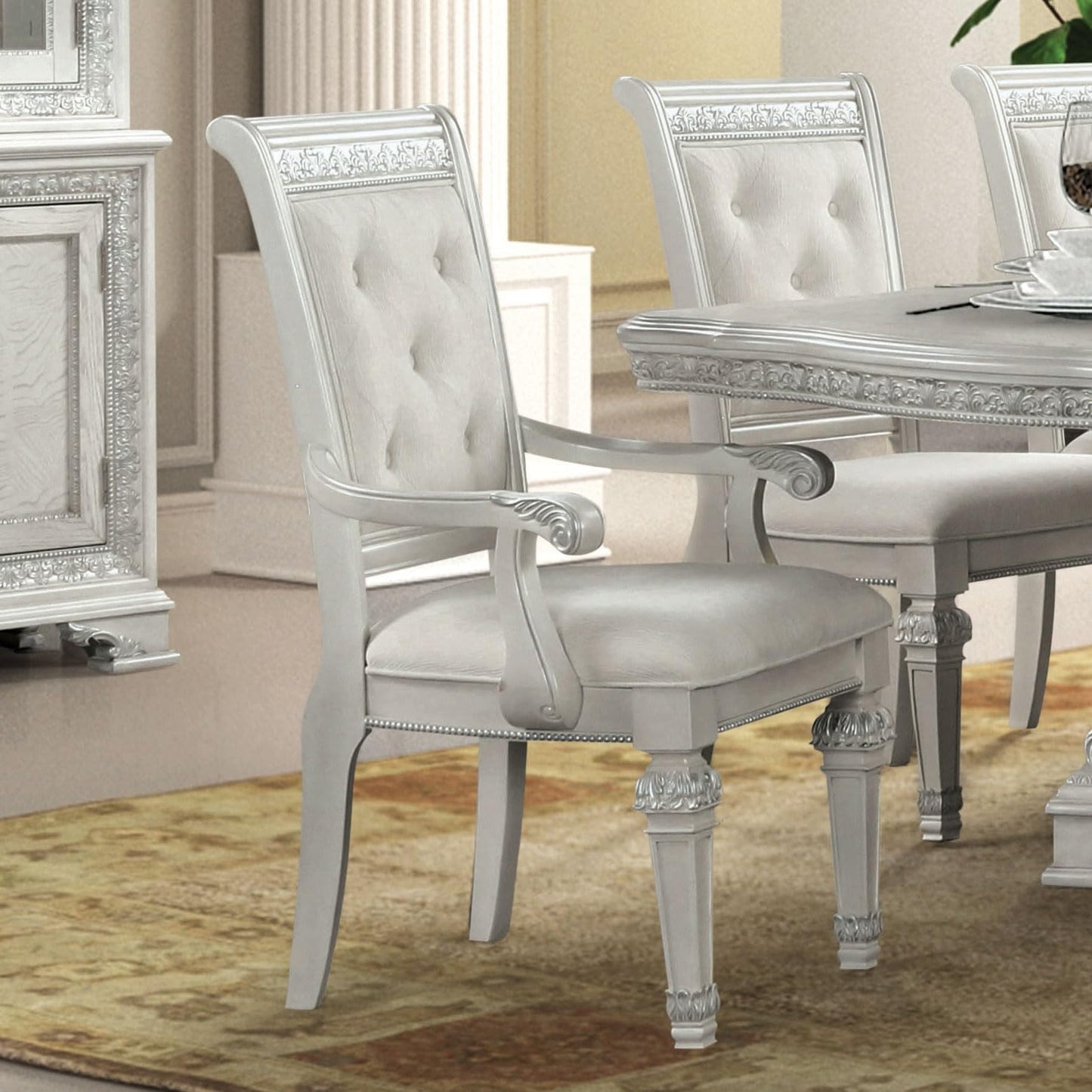 Furniture of America Gelbero Traditional Arm Chairs Set of 2, Comfortable Upholstered Seating with Ornate Corbels and Button Tufting Backrest for Dining Room, Kitchen, and Living Room, Ivory