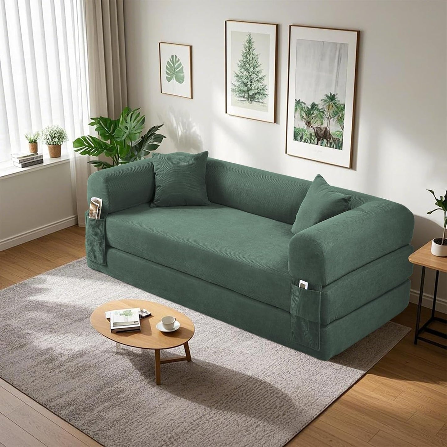 80" Convertible Sofa Bed, Corduroy Deep Seat Folding Pull Out Couch with Pillows, No Assembly Modern Boneless Couch Compression Sofa in Box, Floor Sofa with Storage Pocket for Living Room,Light Green