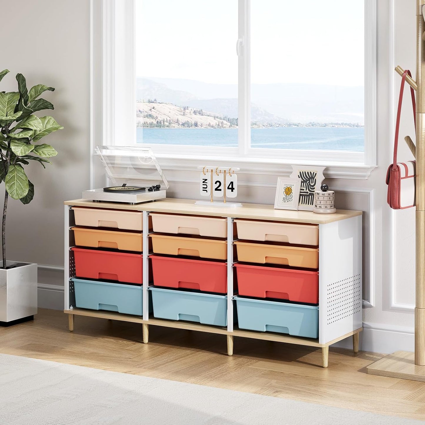 12-Drawer Storage Cabinet with Wooden Tabletop, Versatile Cube Storage Organizer Bin Storage for Home, Office, Playroom, Classroom & Craft Room Storage (Rainbow)