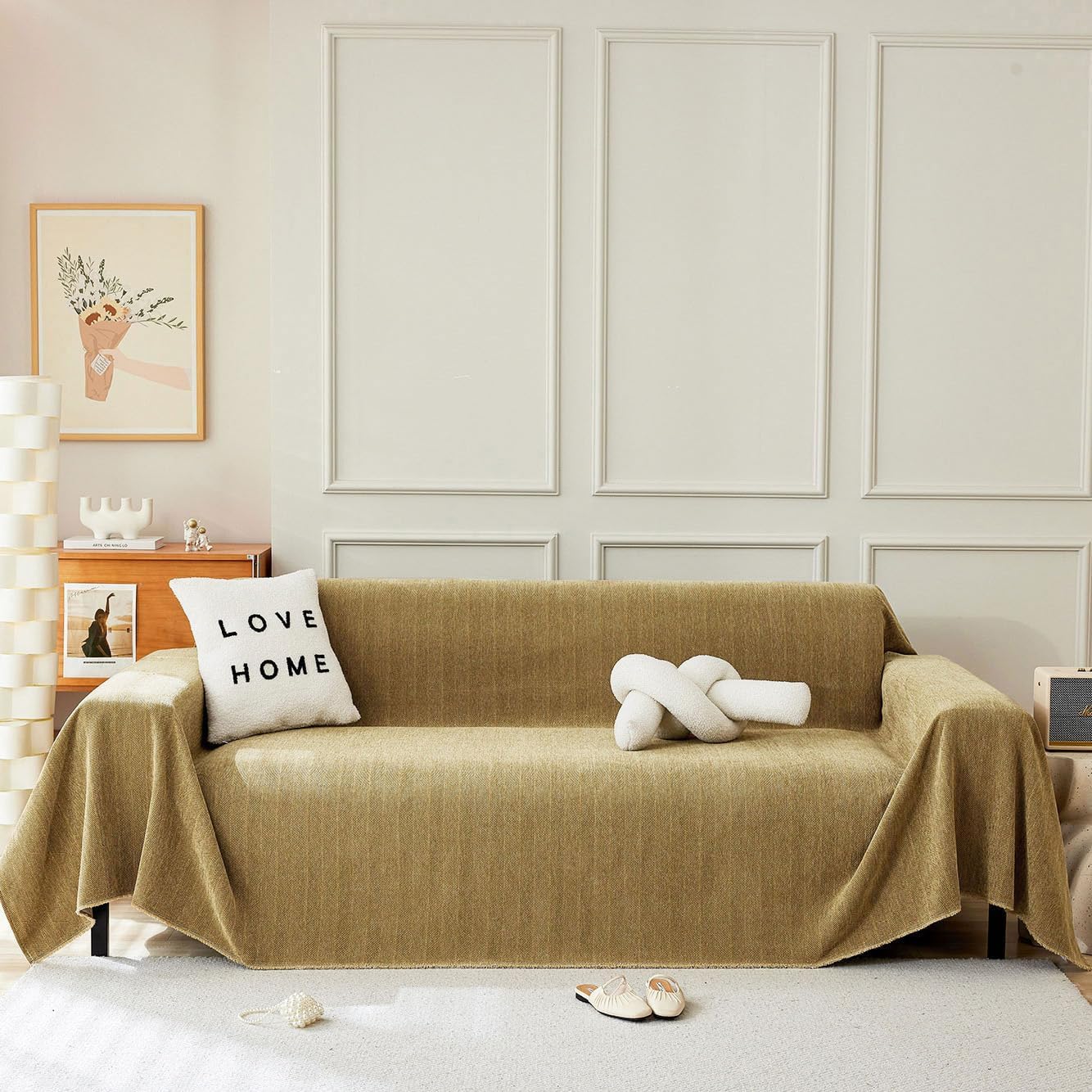 STACYPIK Wear-Resistant Chenille Yellow Sofa Cover, Couch Cover for Dogs, Washable Pets Protector for 3 Cushion Couch, Sofa Covers for Loveseat, Non-Slip Sectional Cover, Throw Blanket-71X150IN