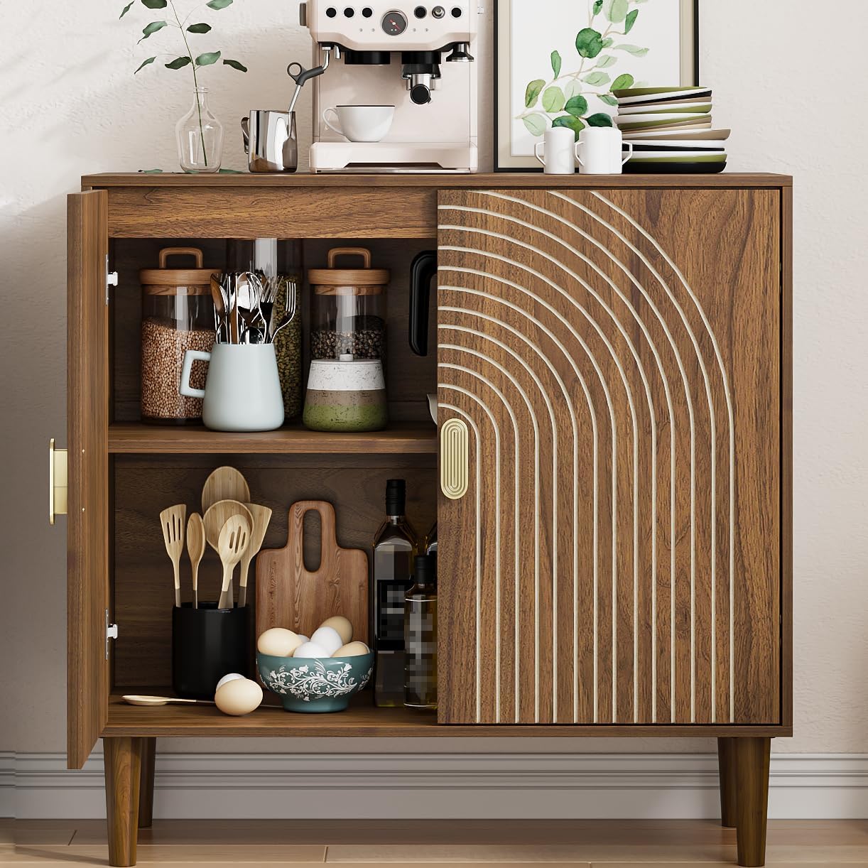 Sideboard Buffet Cabinet with Storage,Walnut Sideboard Buffet with Doors and Adjustable Shelf,Wooden Storage Cabinet, 31.3”W x 15.0”D x 30.6”H