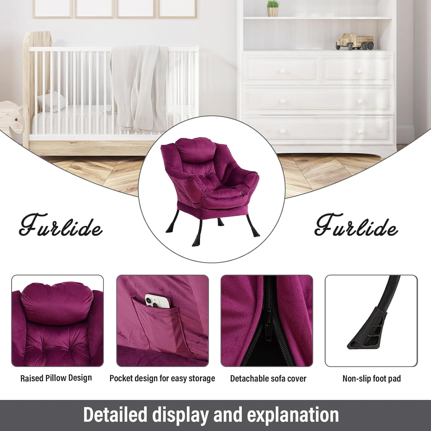 Lazy Chair with Ottoman, Modern Chair with Folding Footrest, Lounge Accent Chair, Comfortable Reading Chair (Velvet Dark Purple)