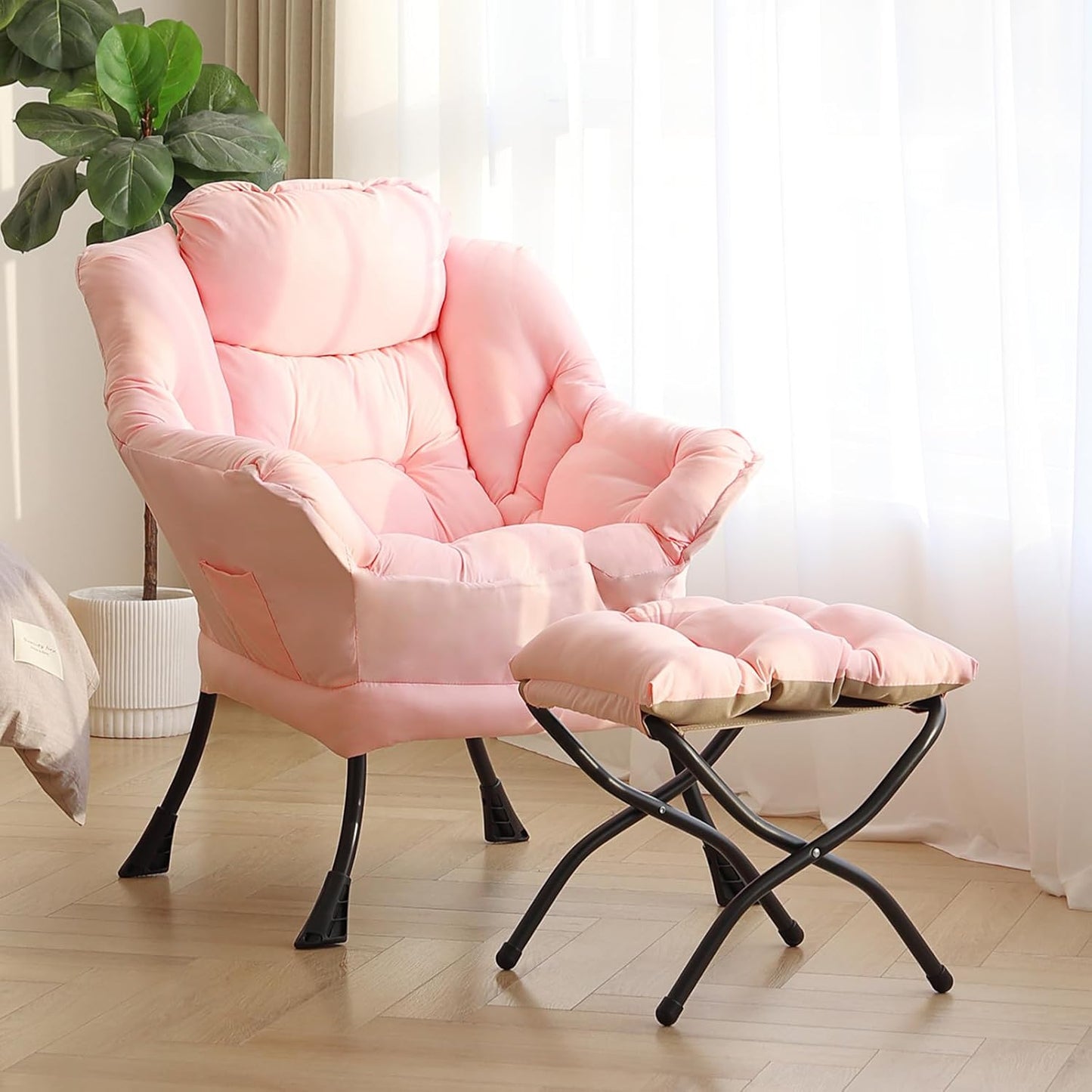 Lazy Chair with Ottoman, Modern Reading Lounge Accent Chair with Armrests and a Side Pocket, Leisure Upholstered Lazy Sofa Set with Footrest for Small Space, Pink