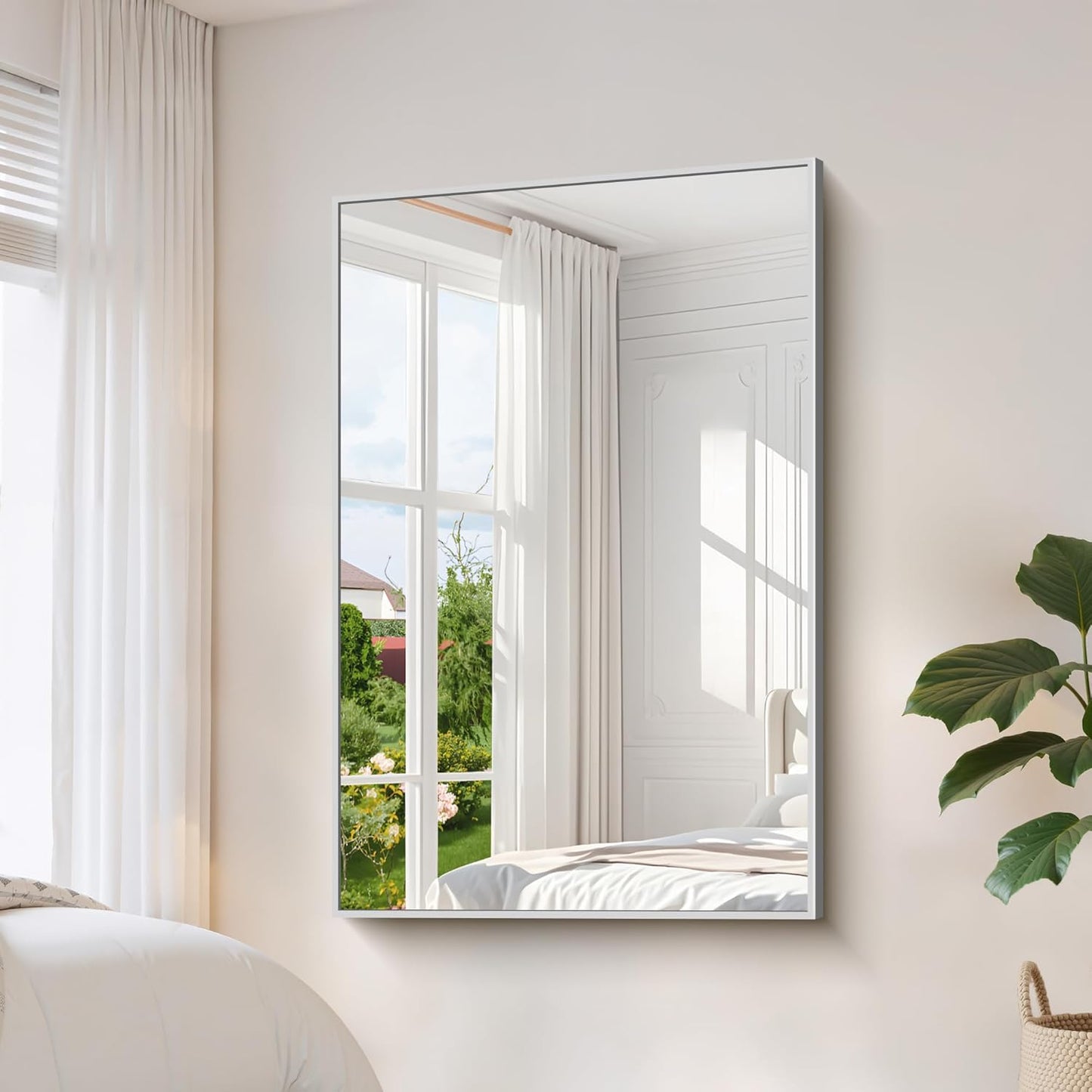 YIROMAN Bathroom Mirror 55"x36", Large Brushed Silver Bathroom Mirror for Over Sink with Aluminum Frame, Rectangular Vanity Mirror with Right Angle, Wall Mirror Hangs Horizontal or Vertical