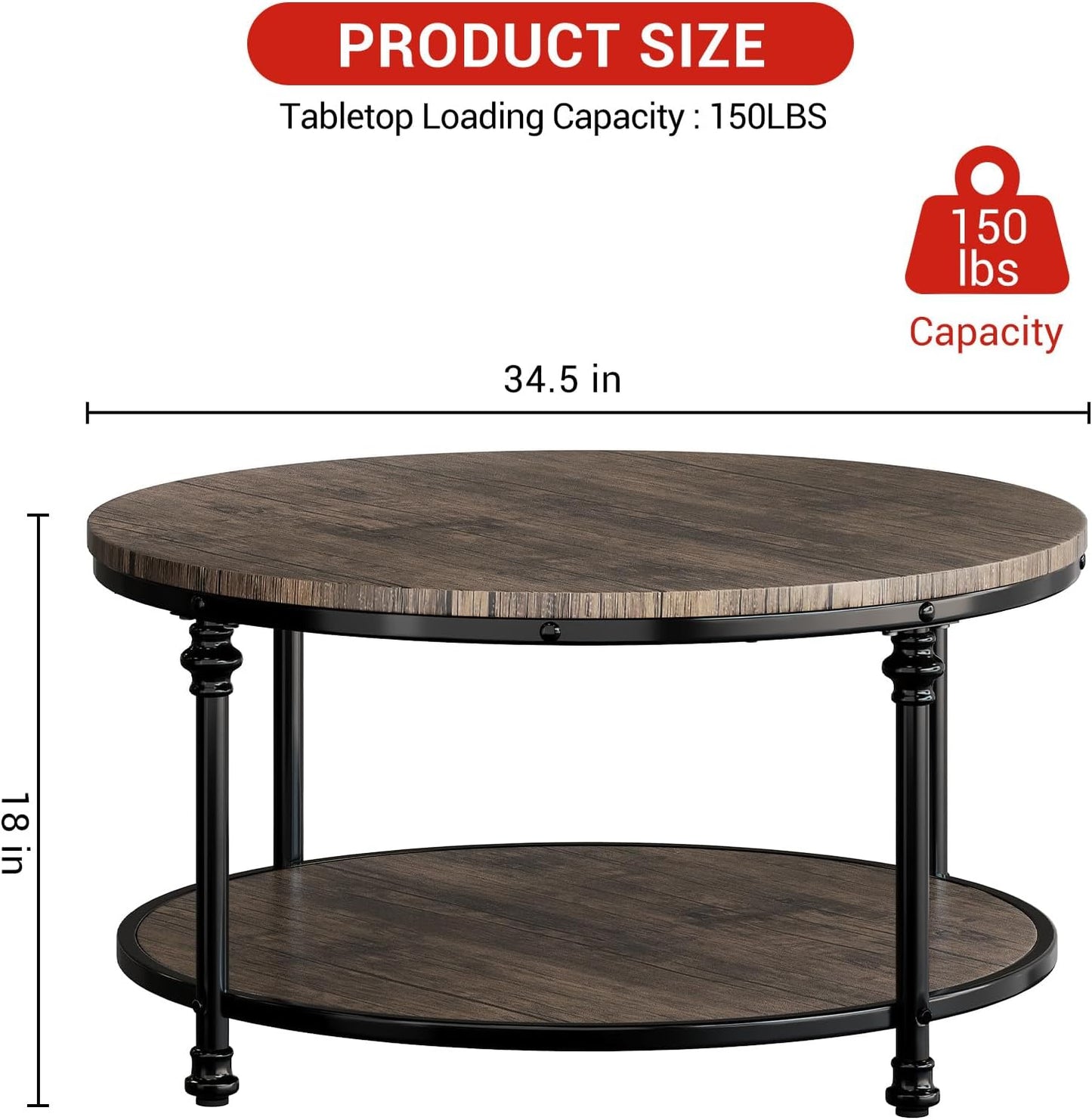 34.25in Round Wood Coffee Table,2-Tier Small Coffee Table with Storage Shelf Modern Design Home Furniture for Living Room, Apartment，Light Walnut